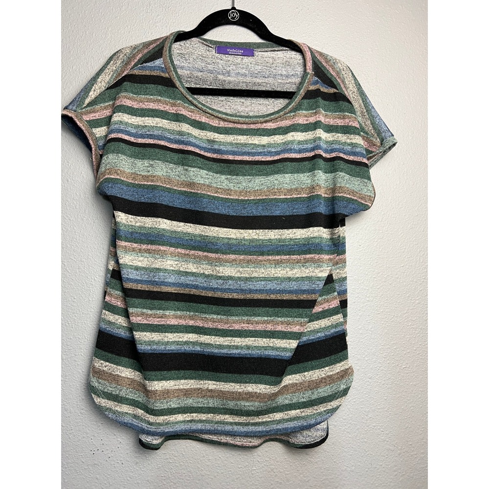 Madeline Sparklestein Striped Short Sleeve High Low Knit Top Multicolor Medium